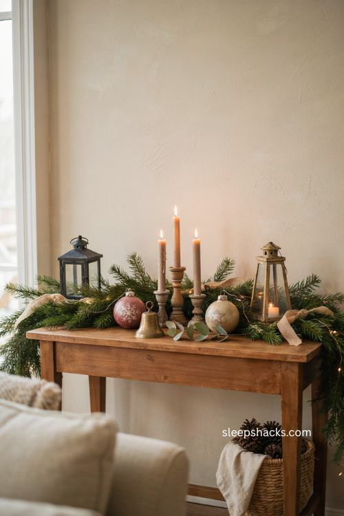 rustic farmhouse Christmas sofa table decor with cohesive garland and vintage accents