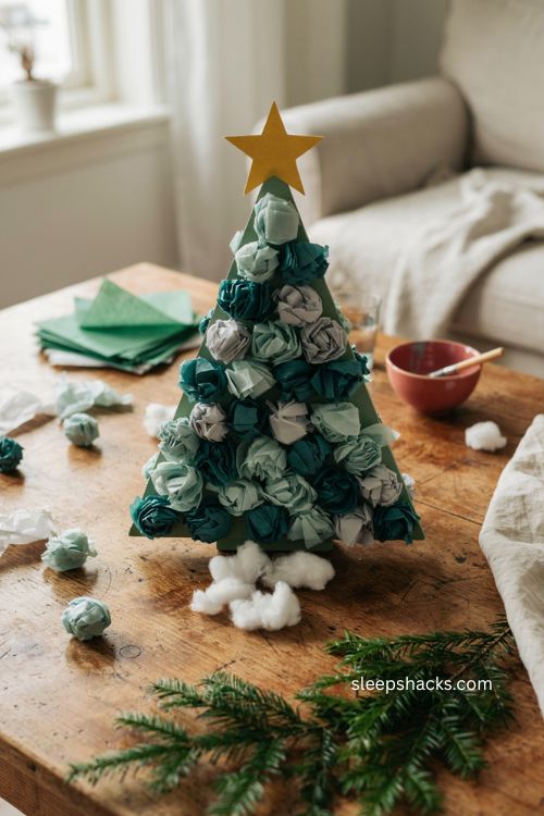 scrunched tissue paper christmas tree craft for toddlers with green paper cotton snow and yellow star 