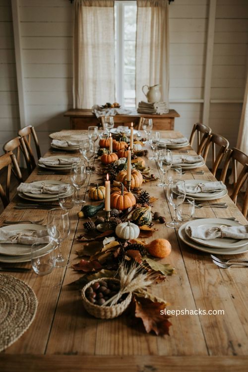 seasonal mini pumpkins acorns pinecones and fall leaves dollar tree thanksgiving table centerpiece 