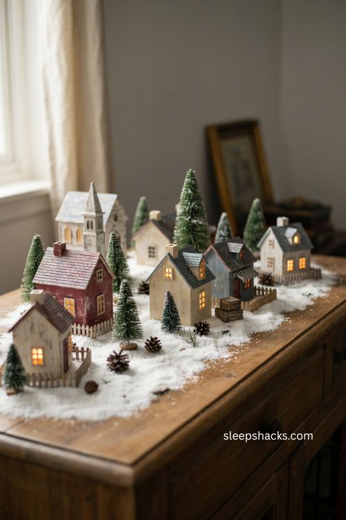 secondhand snow village collection with vintage miniature houses and cozy christmas lights 
