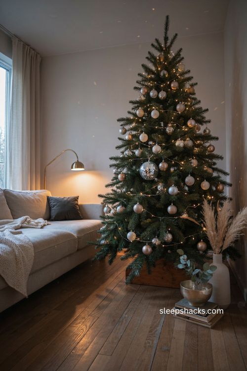 silver Christmas tree with retro disco ball ornament and warm holiday lights 