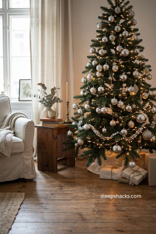 silver Christmas tree with sequin garland and sparkling confetti accents 