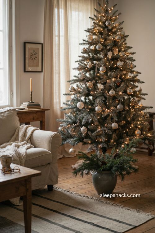 silver Christmas tree with warm lights and vintage holiday decor 