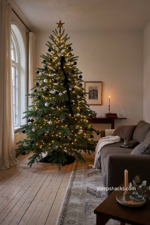 silver and black Christmas tree with warm white lights and velvet ribbon 