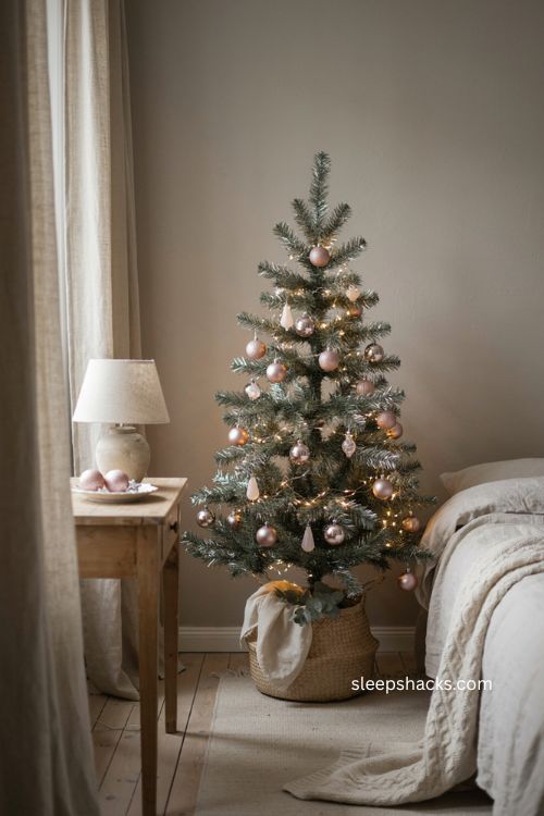 silver and blush pink Christmas tree with cozy bedroom holiday decor 