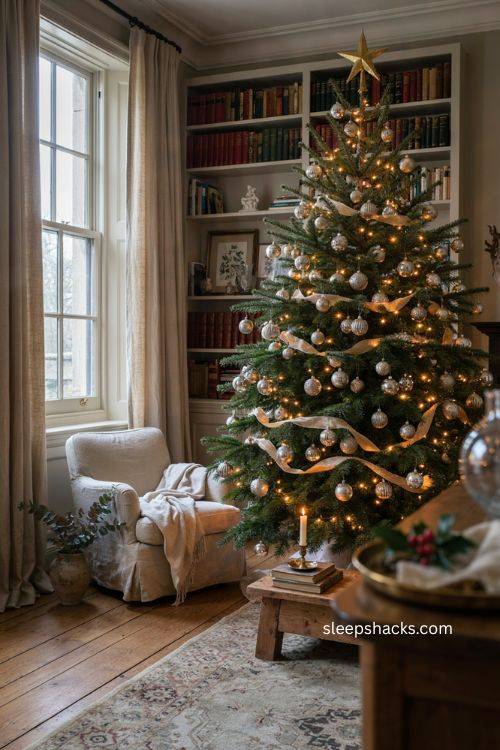 silver and gold Christmas tree with gold ribbon and star topper 