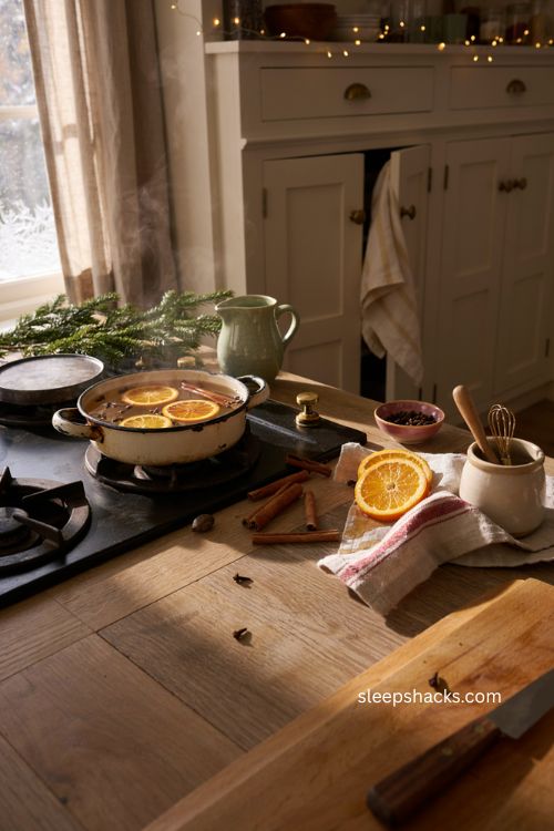 simmering stovetop potpourri with cinnamon orange and cloves for christmas 