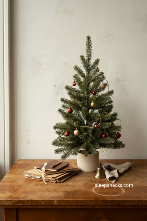 small christmas tree office decor with mini ornaments and warm lights 