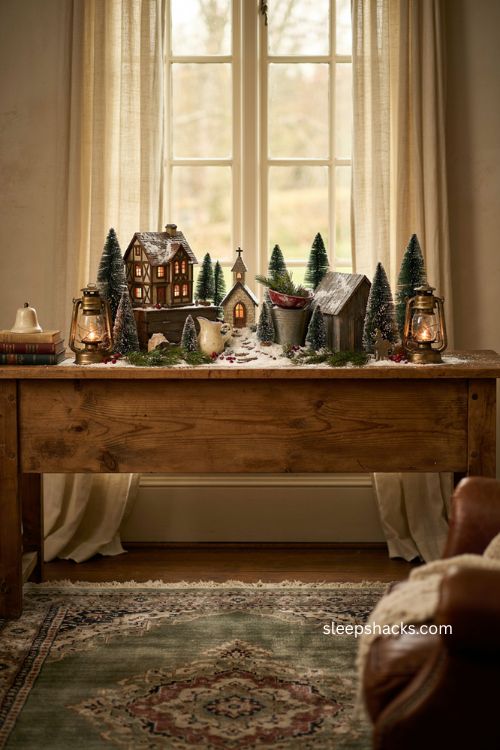 snow village display ideas with glowing miniature houses and cozy christmas decor 