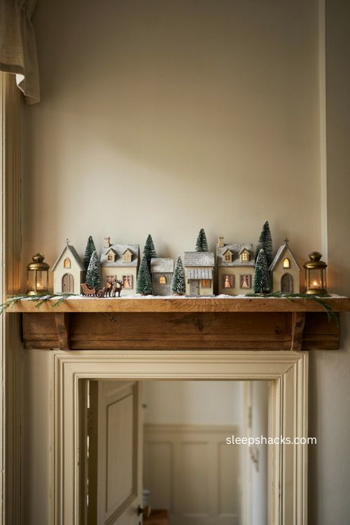snow village display on a long shelf with cozy glowing christmas houses 