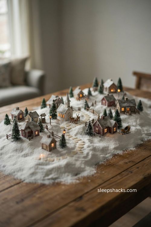 snow village display with a cozy white snow base and glowing christmas houses 