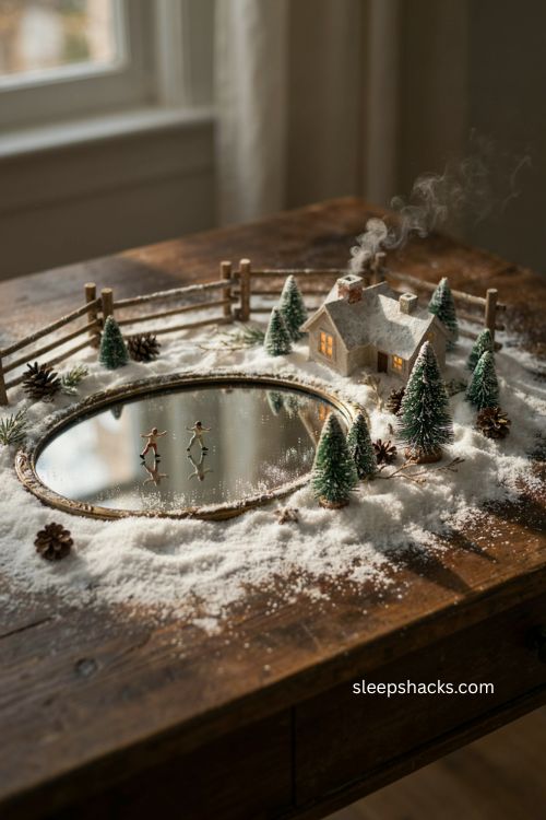 snow village display with a mirror frozen pond and glowing miniature christmas houses 