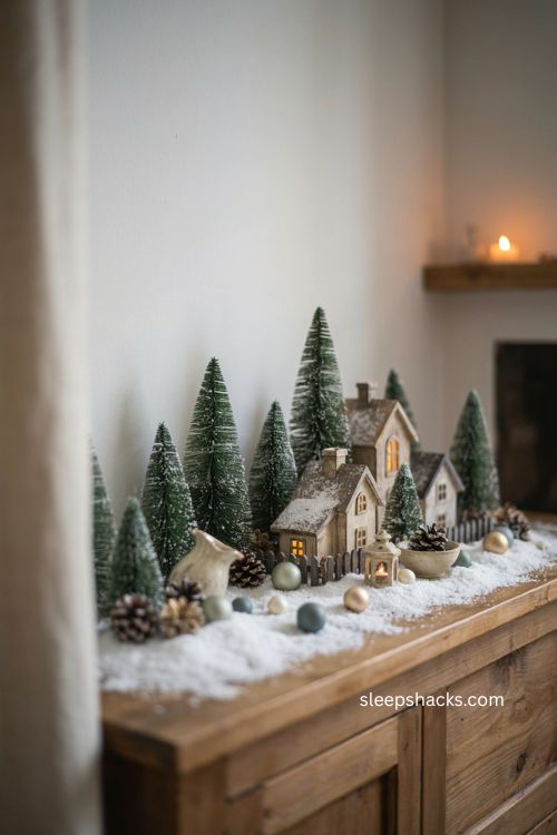 snow village display with curved roads raised snowy hills and glowing miniature houses