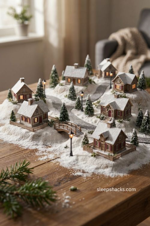snow village display with curved roads raised snowy hills and glowing miniature houses 