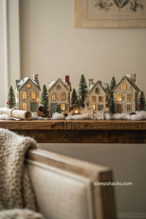 snow village display with evenly glowing lights and neatly organized fresh cords