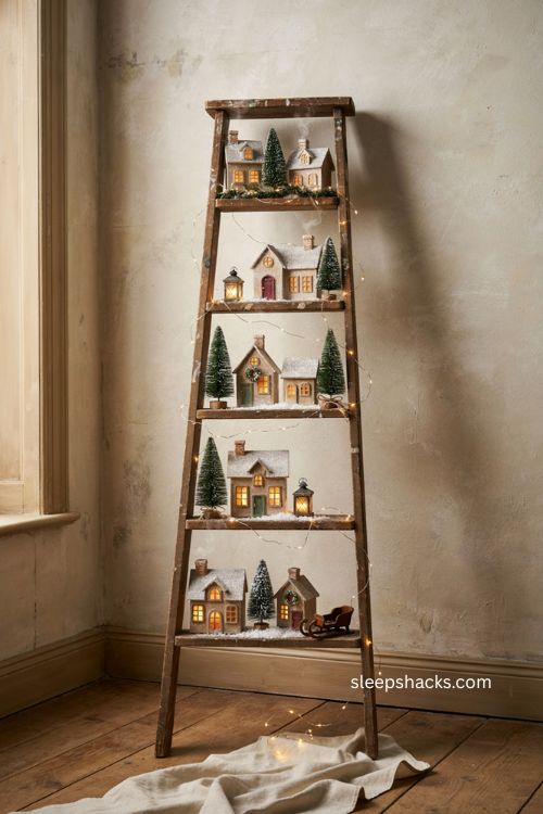 snow village ladder display with rustic wooden steps greenery and glowing christmas houses 