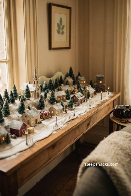 snow village layout photography with miniature houses curved roads and cozy christmas lights 