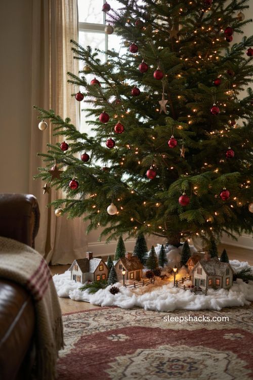 snow village under the christmas tree with glowing miniature houses and snowy landscape 