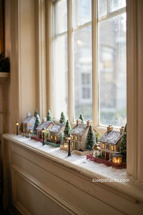 snow village window ledge display with glowing houses and cozy christmas lights 