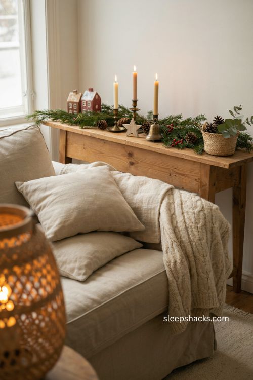sofa table Christmas decor ideas with cozy garland and vintage holiday style