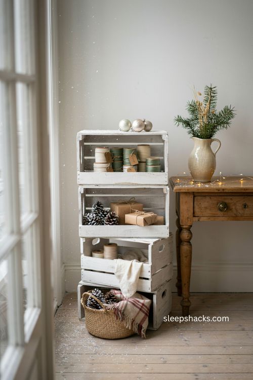 stacked snowy Christmas storage crates with white painted wood faux snow ribbon ornaments and holiday supplies 