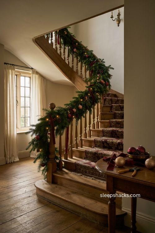 staircase banister Christmas garland with greenery ribbon and vintage ornaments 