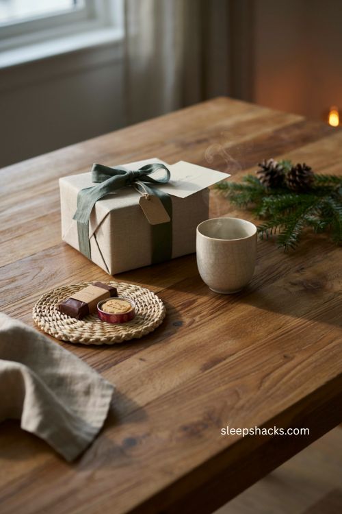subtle branded Christmas client gift with elegant packaging thoughtful details and cozy holiday decor 