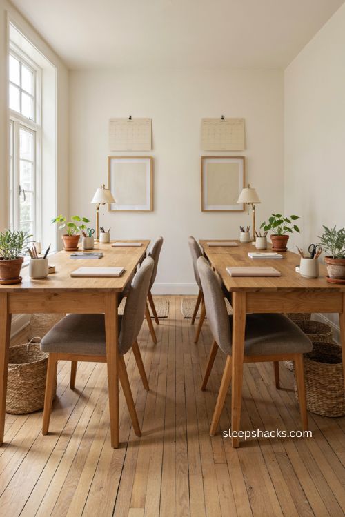 symmetrical double desk home office with matching chairs lamps and storage