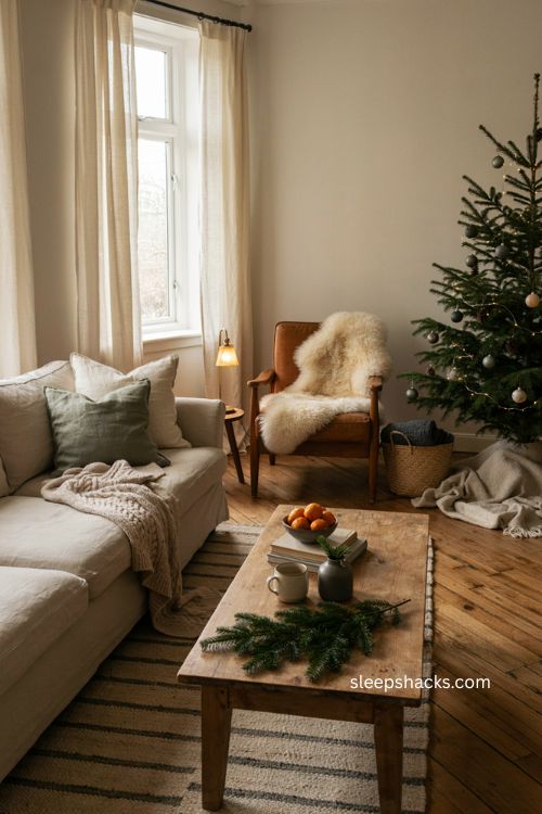 thick blankets cozy christmas living room with neutral throws and warm winter textures 