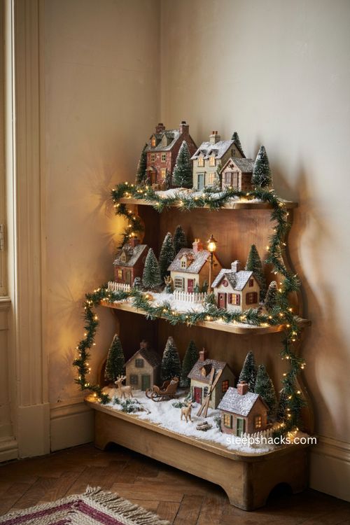 tiered shelf snow village display with miniature houses greenery and cozy christmas lights 