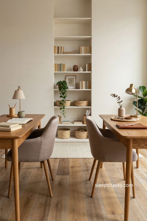 twin desks with central shelving tower in a warm shared home office
