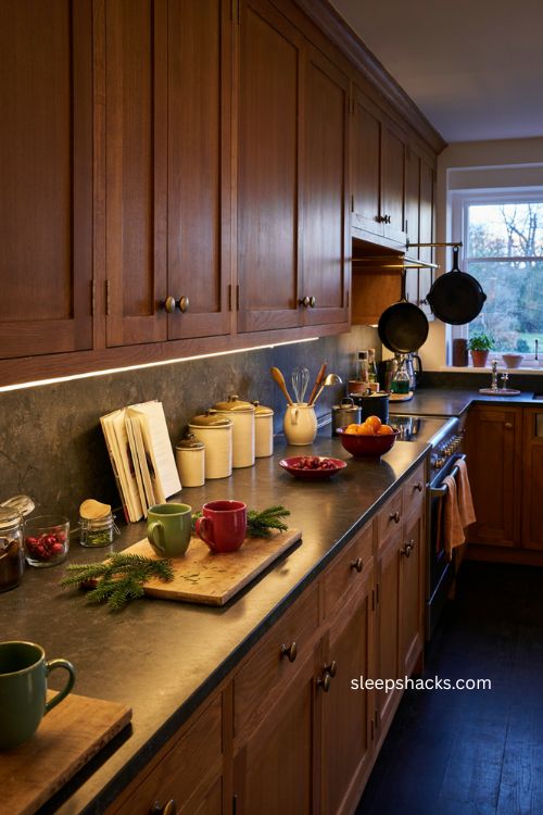 under cabinet christmas lighting for a warm cozy kitchen