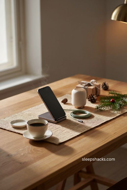 useful Christmas client tech gift with wireless charger speaker and cozy home office decor 