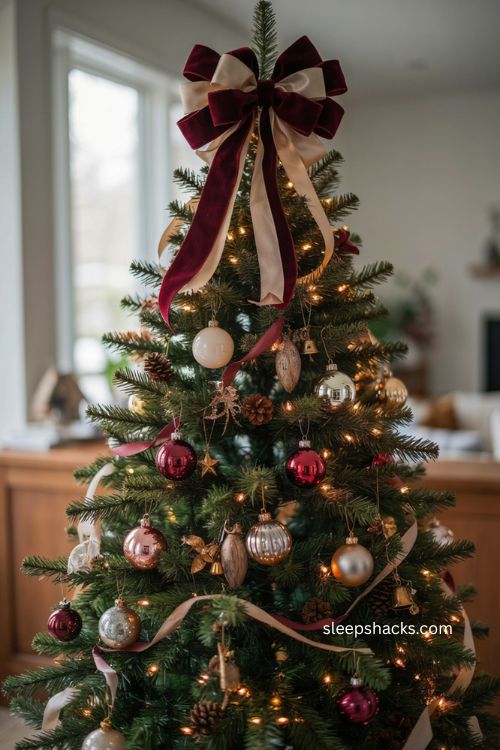 velvet and satin mixed ribbon Christmas tree topper ideas 