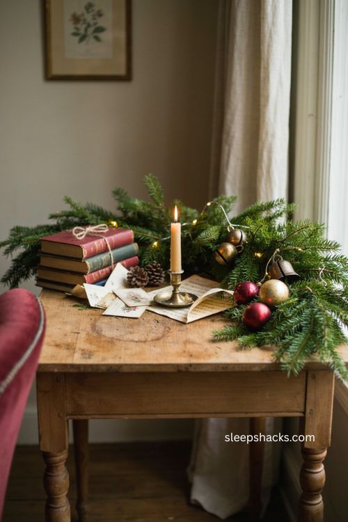 vintage Christmas sofa table decor with old books antique ornaments and garland