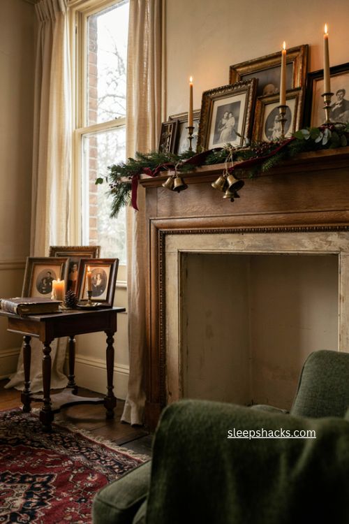 vintage christmas decor with antique frames and black and white family photos 