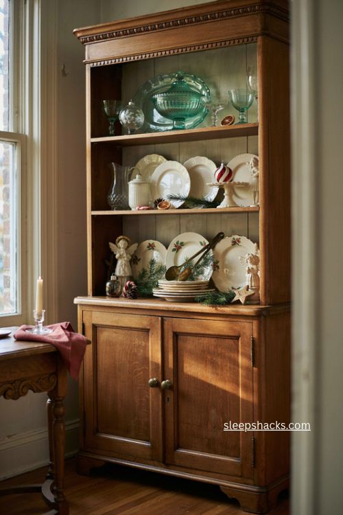 vintage christmas decor with jadeite and milk glass on an antique hutch 