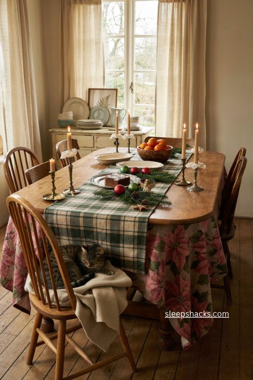 vintage christmas table decor with plaid poinsettia cloth and doilies 