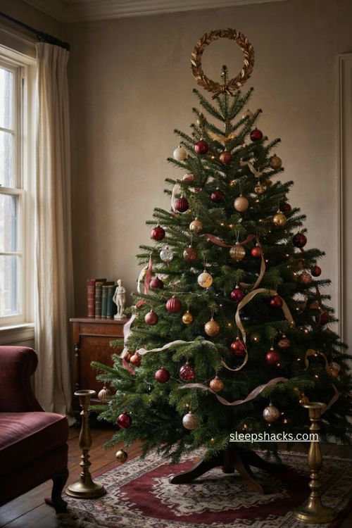 vintage christmas tree with elegant laurel topper and velvet bow 