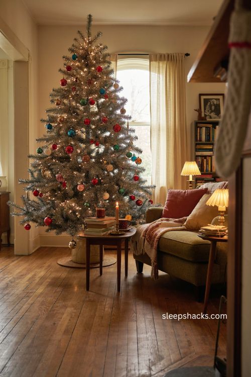 vintage silver tinsel Christmas tree with colorful glass ornaments 