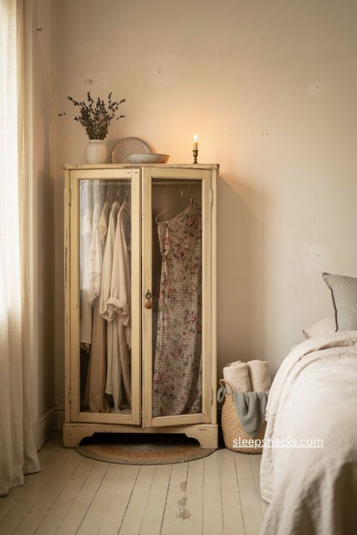 wide editorial bedroom view, a compact bedroom with an awkward corner transformed into a concealed rotating closet system behind beautifully weathered salvaged French doors, the doors opening slightly to reveal organized hanging clothes, dedicated shoe shelves and a discreet full-length mirror while keeping the storage footprint compact and visually integrated, vintage European cottage style with old-world architectural character, warm ivory, creamy white, faded beige, muted sage and aged natural wood tones, antique glass-pane French doors with worn paint and original-style hardware, compact rotating closet interior, neatly arranged garments, simple shoe shelves, hidden mirror, woven storage baskets and gently weathered wood surfaces that make the new storage feel as though it has always belonged to the room, soft natural daylight entering from a nearby window with warm ambient light emphasizing the aged doors and quiet textures, calm transformative atmosphere where clever hidden storage feels architectural rather than bulky, soft colors that change the mood instantly, old textures that add warmth and depth, simple details that create lasting charm, no people, no text, no watermarks, no blur, no bokeh, all surfaces in sharp focus, photorealistic, 4K resolution, editorial interior photography, Pinterest-worthy