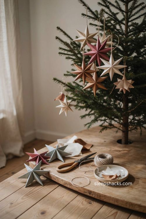waldorf style paper star ornaments handmade christmas tree decor folded paper diy 