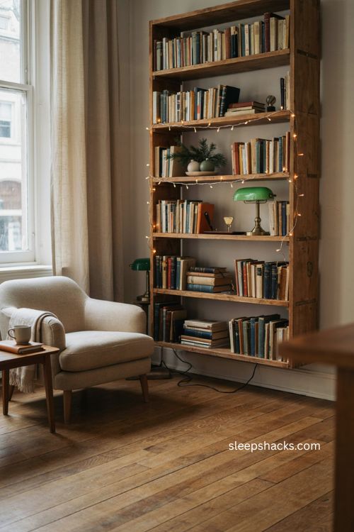 warm string lights office christmas decor with cozy bookshelf lighting 
