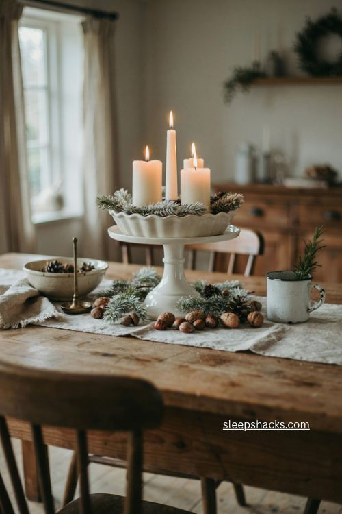 white cake stand christmas centerpiece with candles flocked greenery and pinecones