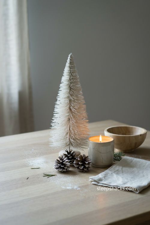 white mini christmas tree with pinecones and candle for minimalist decor 