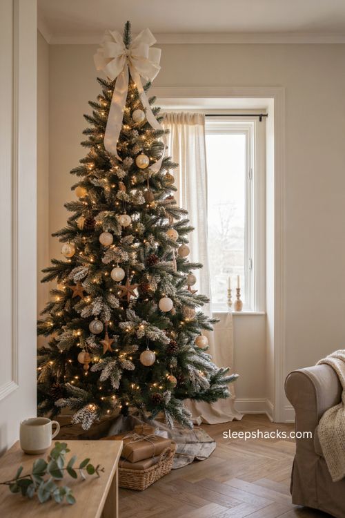 white ribbon Christmas tree topper ideas for flocked trees 