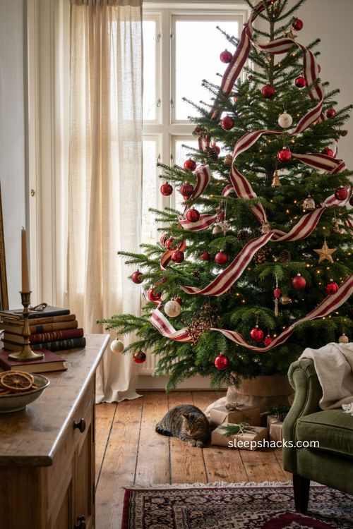 wide textured red and white ribbon Christmas tree ideas for a bold holiday look 