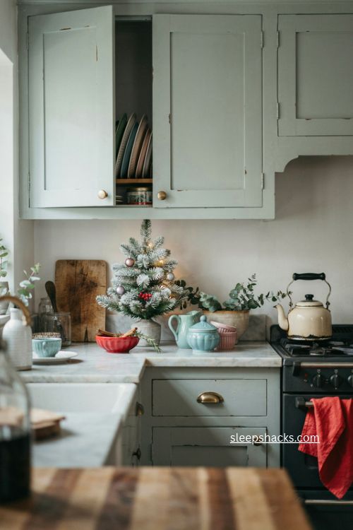wintry pastel cottage kitchen with flocked christmas tree and vintage accents 