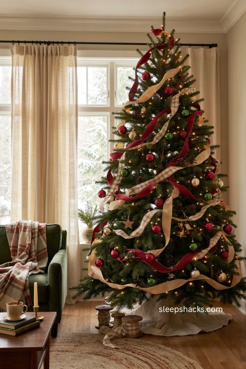 wire edged ribbon garland cascading through a traditional christmas tree 