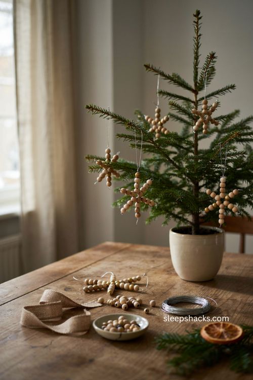 wood bead snowflake ornaments scandinavian christmas tree decor natural diy craft 